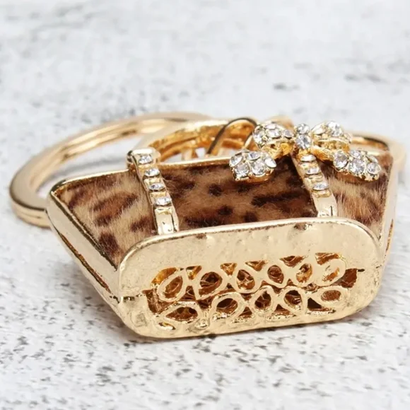 🆕️ Golden Leopard Pattern HandBag Rhinestone Keychain Purse Charm ~ Gift Glam